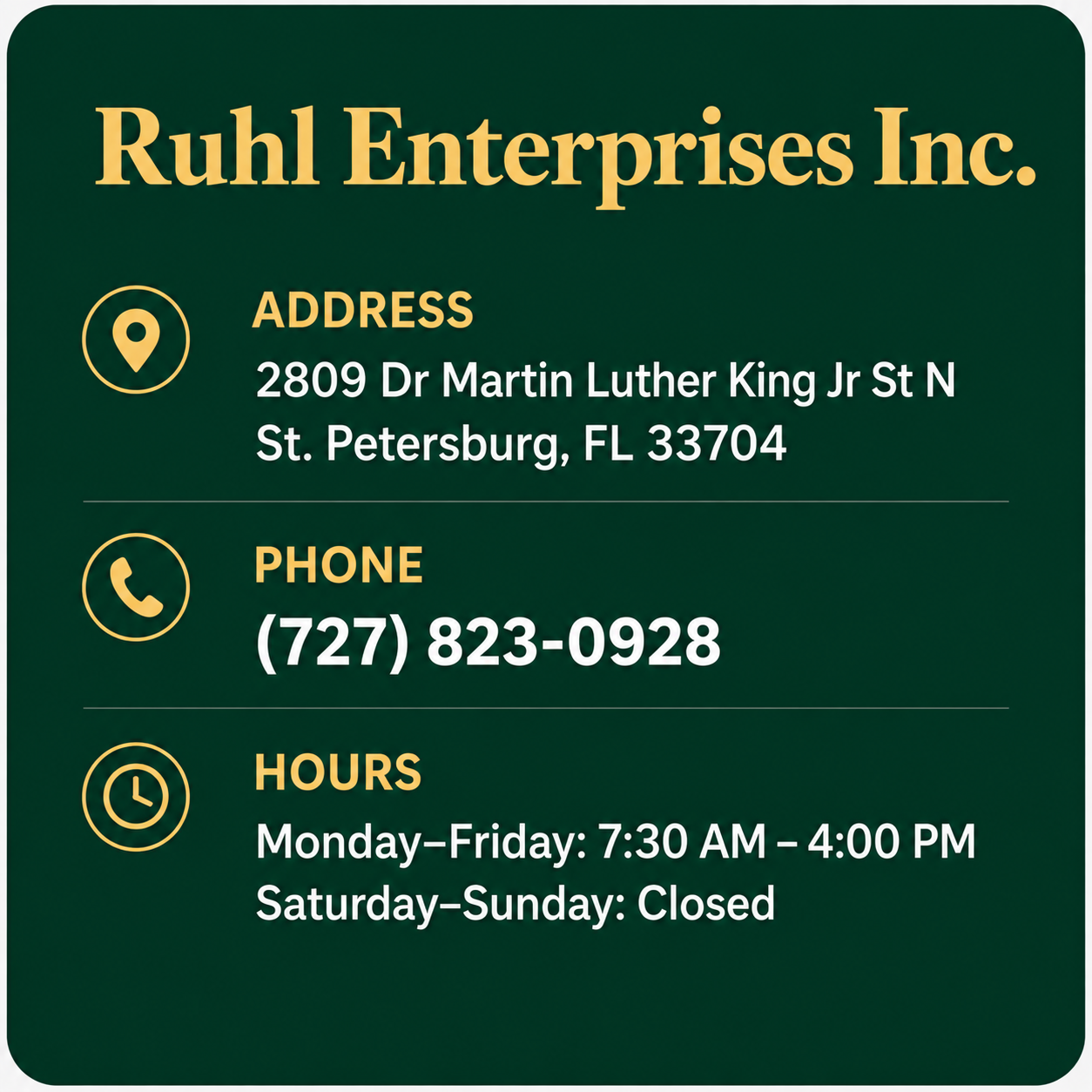 Ruhl Enterprises Inc. address, phone number and business hours