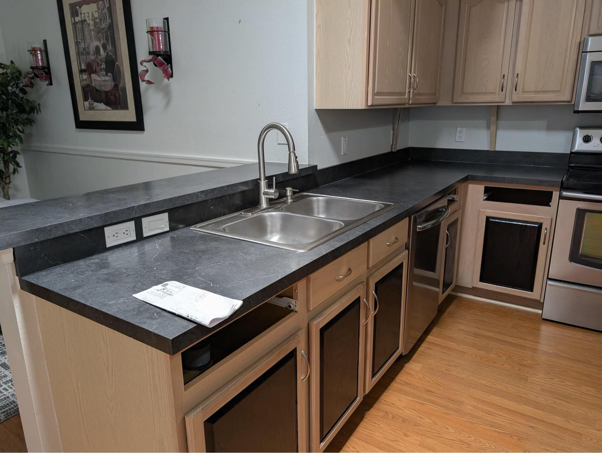 Completed dark laminate countertop project